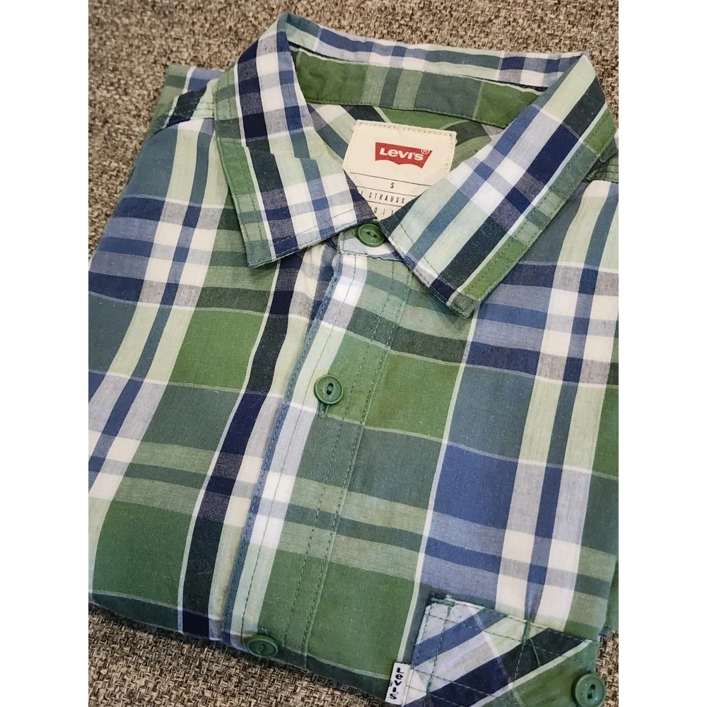 Levi's Mens Shirt, Size S, Green Plaid, Button Down, Short Sleeve,‎ Cotton